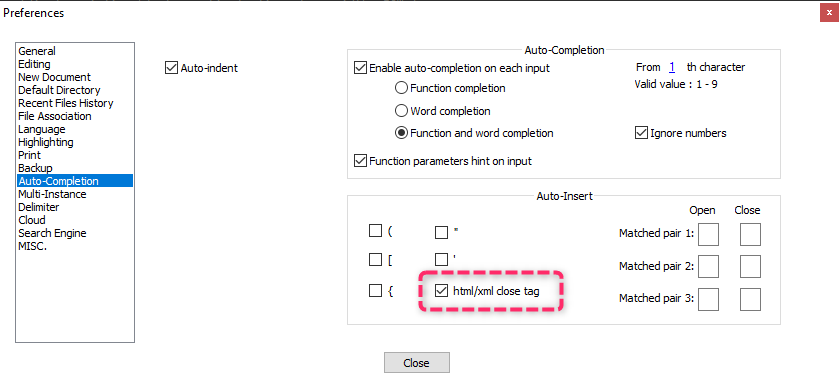 The preferences dialog